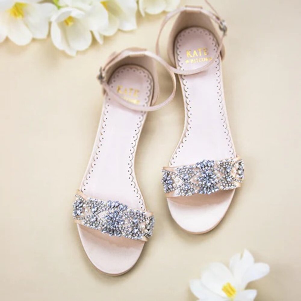 Kate Whitcomb Aerin Champagne Rhinestone Ankle Strap Flats